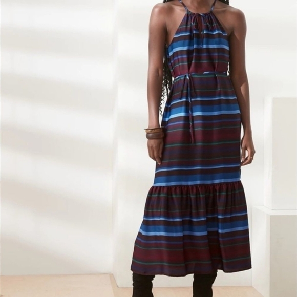 Banana Republic Striped Sleeveless Halter Flounce Hem A-Line Midi Dress Maroon S - Picture 15 of 15